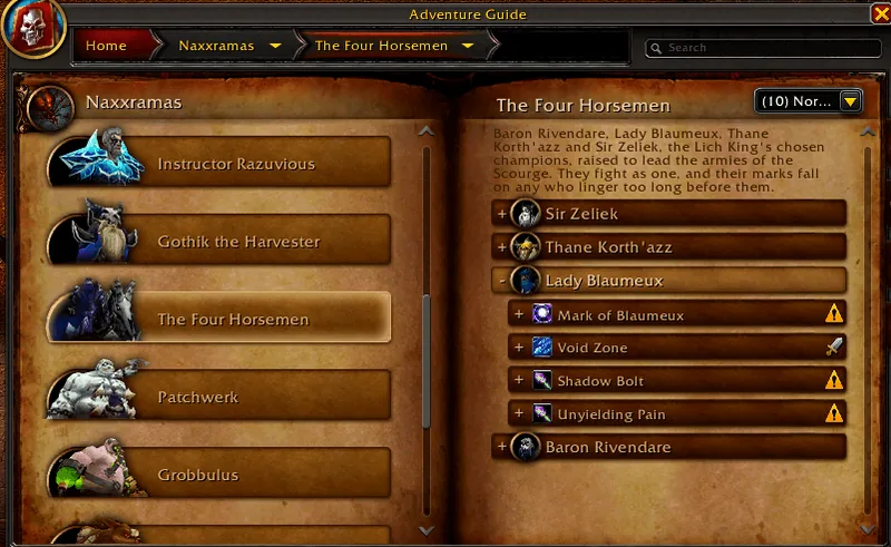 The Adventure Guide showing The Four Horsemen in Naxxramas with boss lore and a full list of collapsible abilities, each with its spell icon and role marker