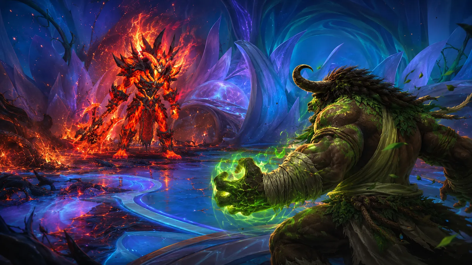 TheDruidMan's druid drawing green energy in one hand as an armoured, fire-wreathed Fyrakk stands across a broken field of molten rock and blue crystal