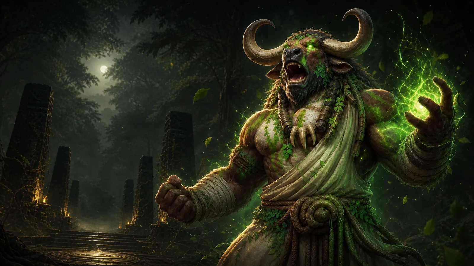 TheDruidMan's horned druid roaring as emerald nature magic gathers before a solo fight