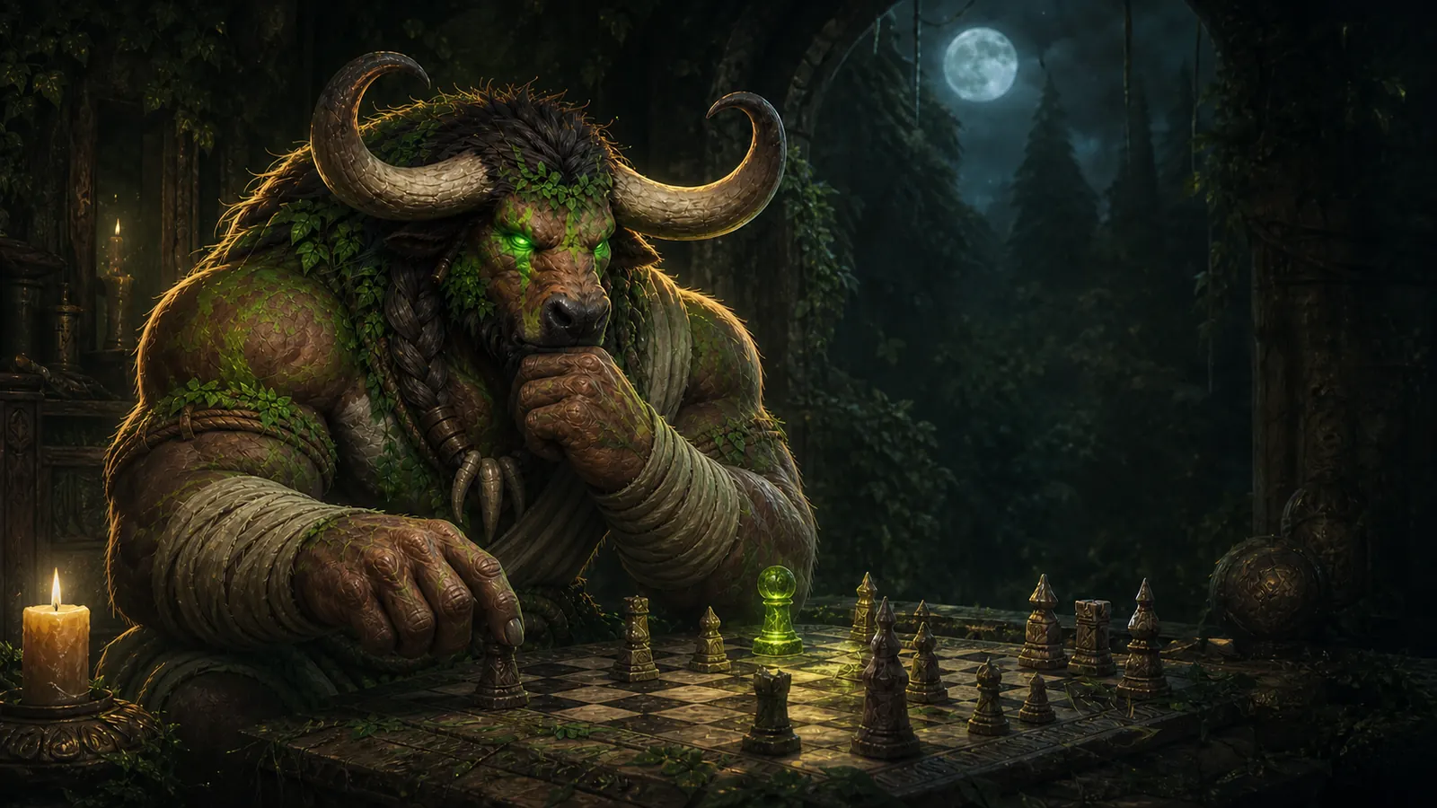 TheDruidMan's horned druid studying a chess move in a moonlit forest