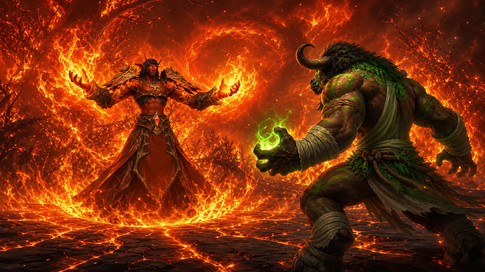 TheDruidMan's druid ready to attack as an enraged Tindral Sageswift spreads his hands and engulfs the platform in fire